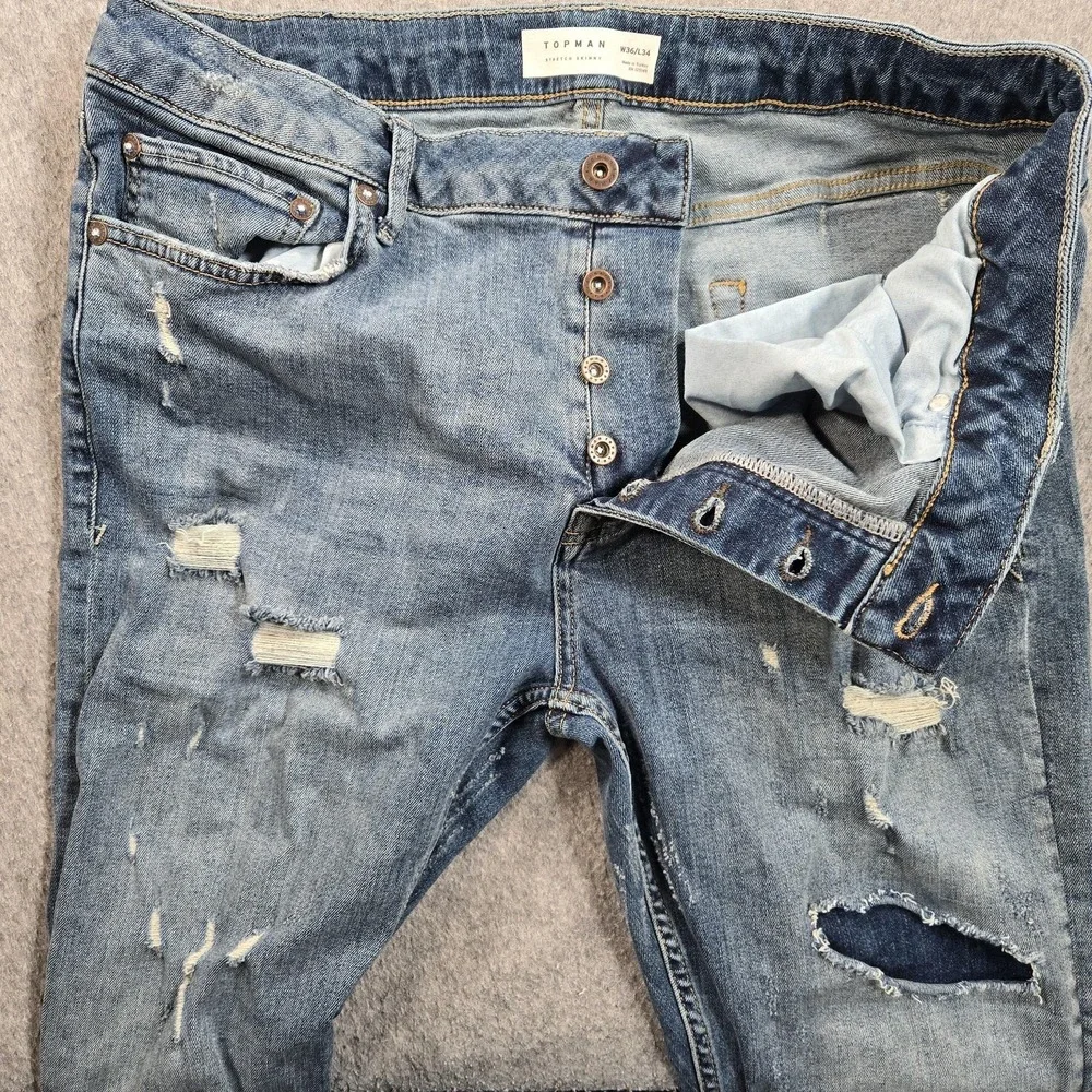 Topman Stretch Skinny Jeans Mens 34x32 (tag 36x34) Blue Distressed Stretch Denim
